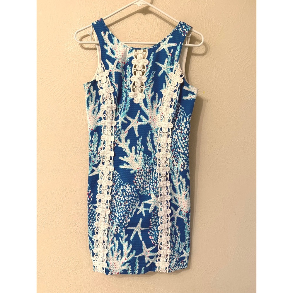 Lilly Pulitzer Mila Shift Dress Blue Under the Sea Coral Starfish Lace Trim 6